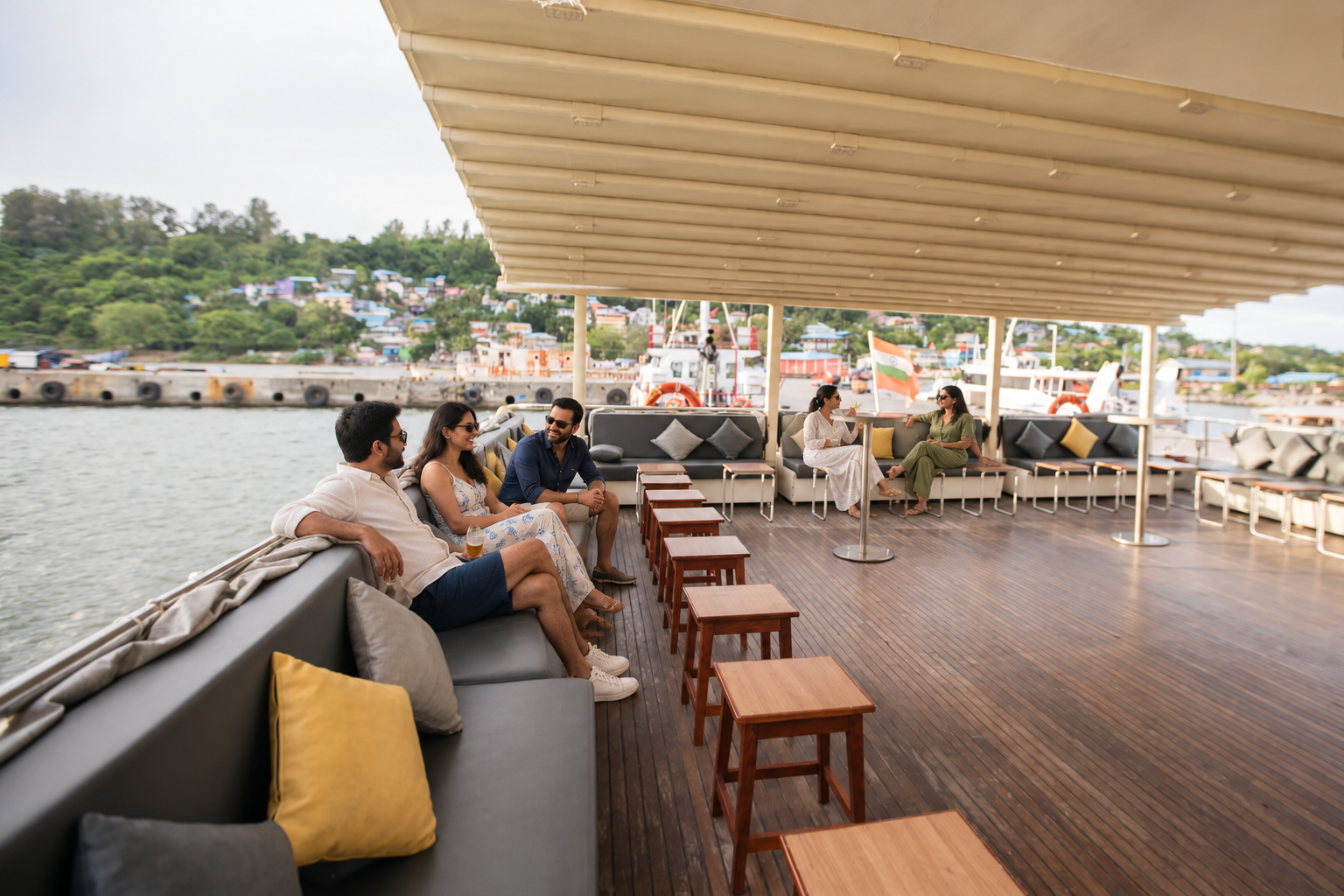 Illustrative view of guests relaxing in the TSG Bella Bay middle-deck lounge