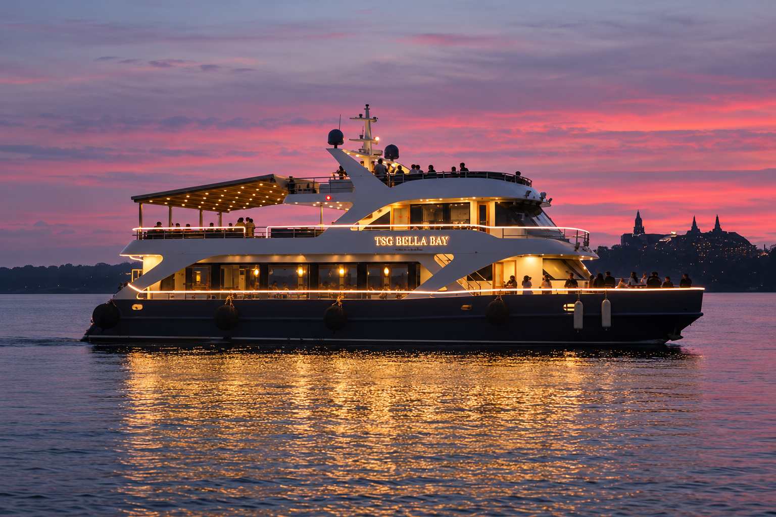 TSG Bella Bay at dusk, with the full vessel facing right