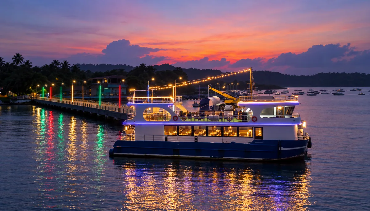 Lighting-enhanced exterior view of the dinner cruise vessel