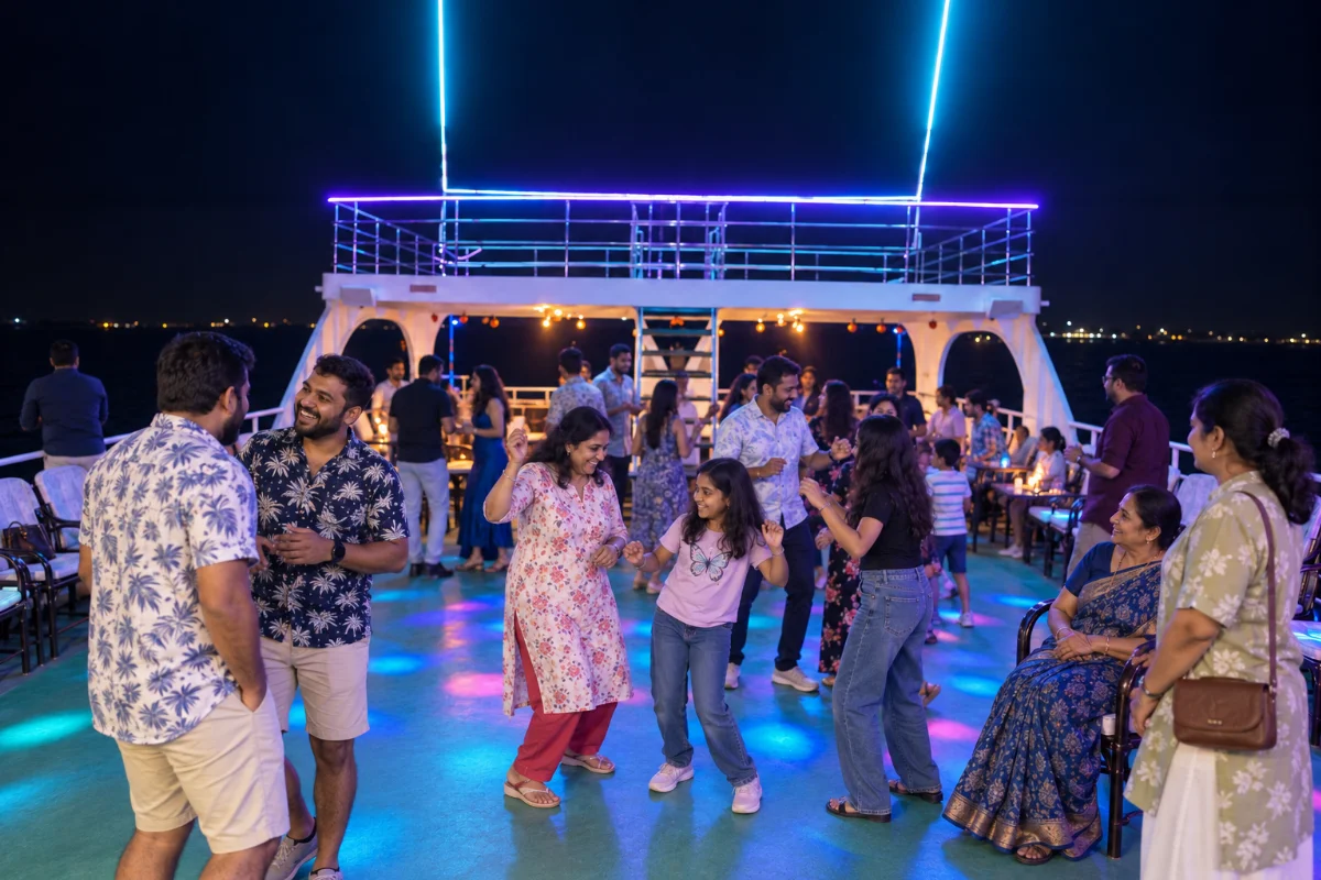 Illustrative dance-floor scene with families and friends enjoying the cruise