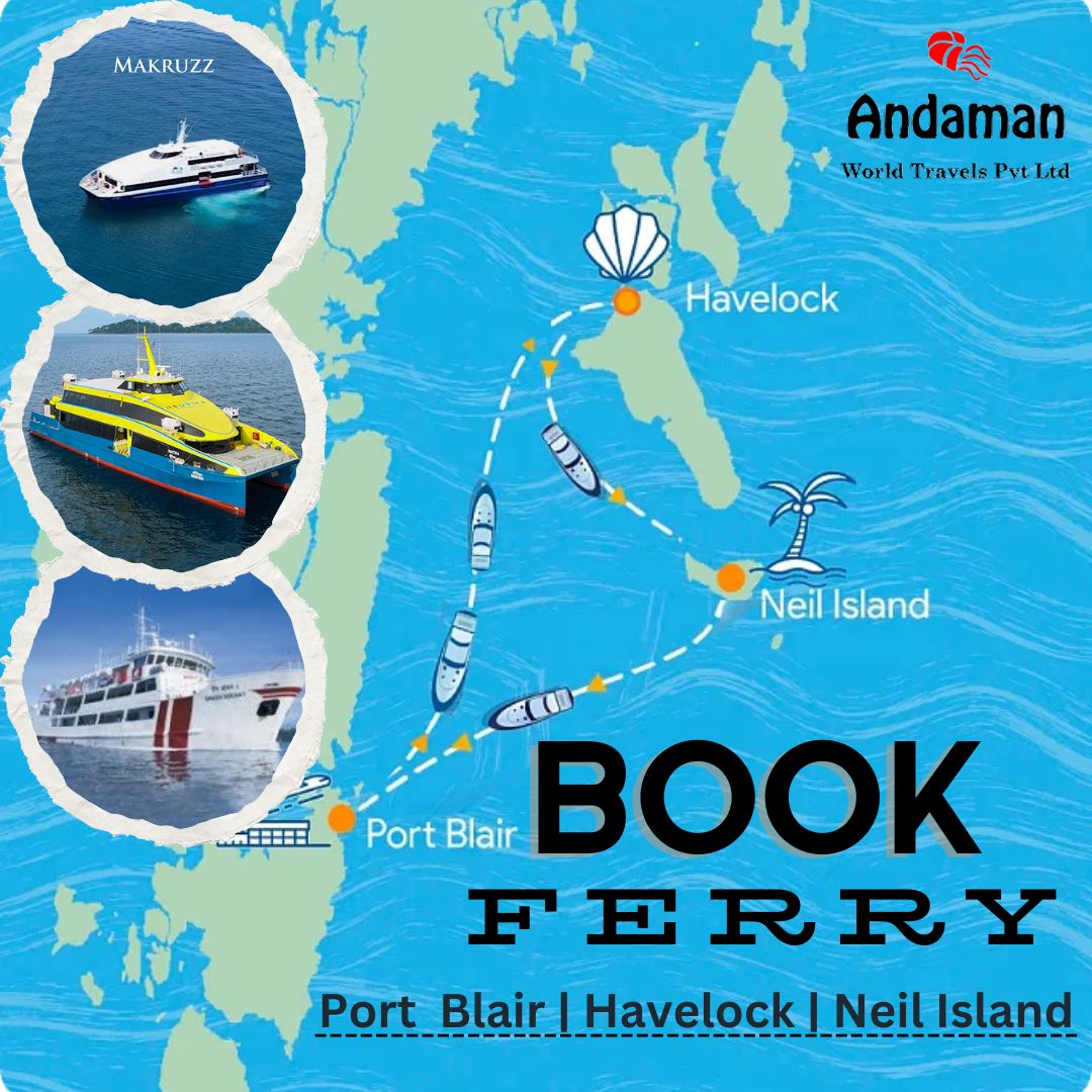 Map showing ferry connections between Port Blair, Havelock Island and Neil Island