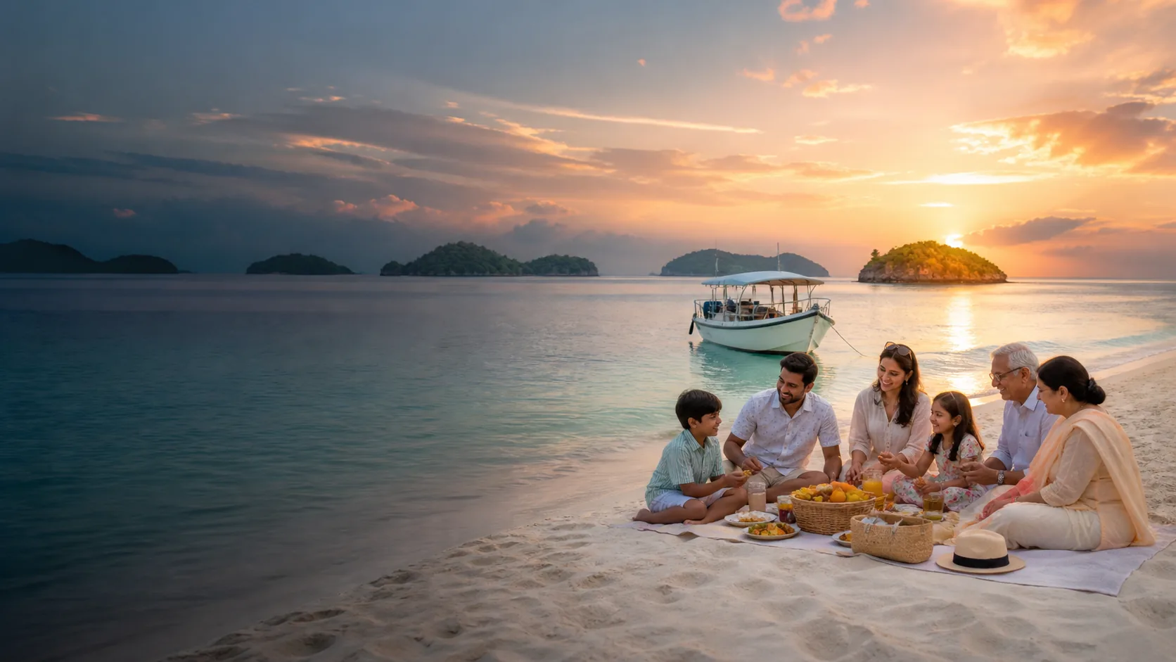 Illustration of a family relaxing by the sea at sunset