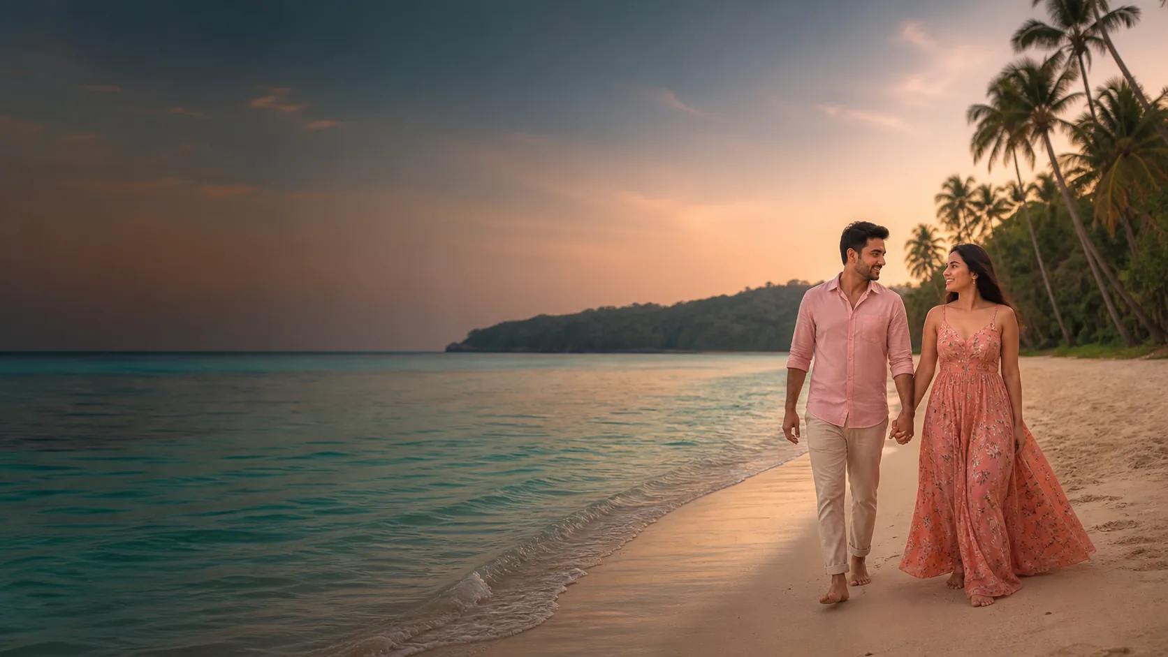 Illustration of a couple walking beside turquoise island waters