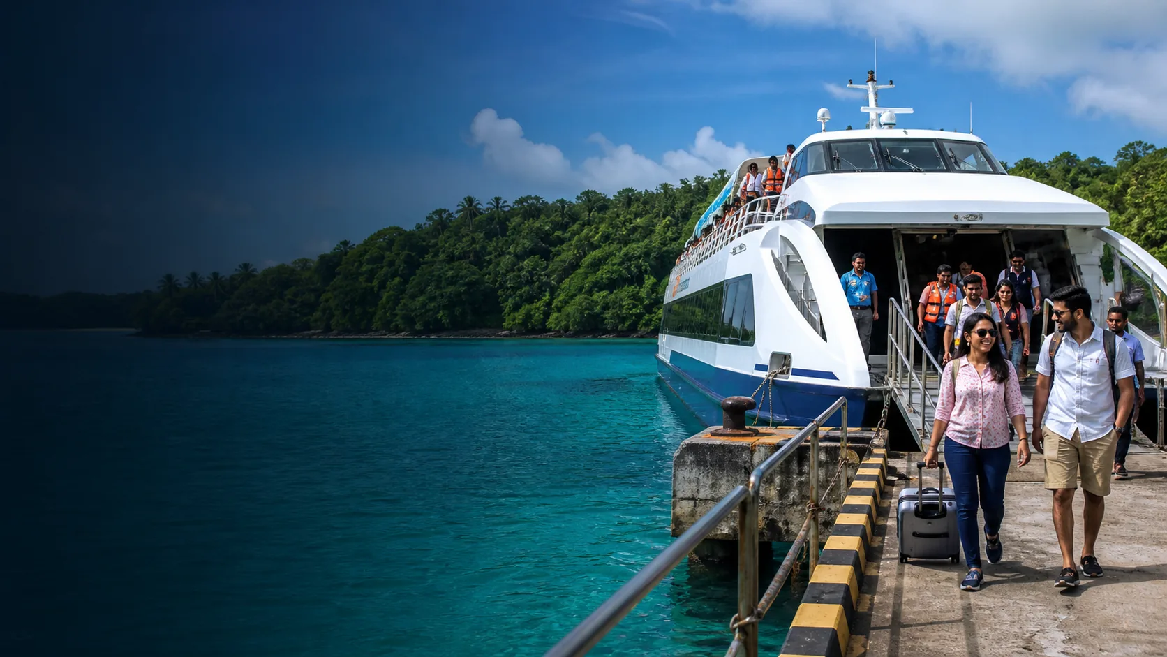 Illustration of travellers stepping ashore from an island ferry