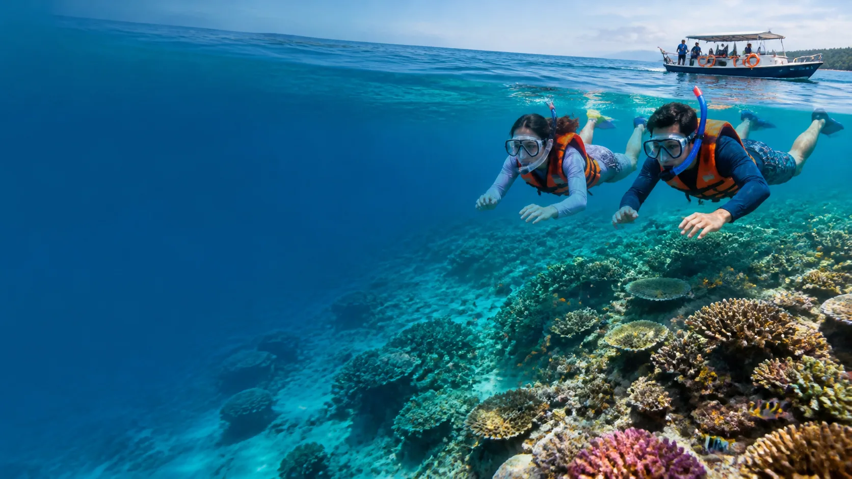 Illustration of snorkellers looking at a coral reef