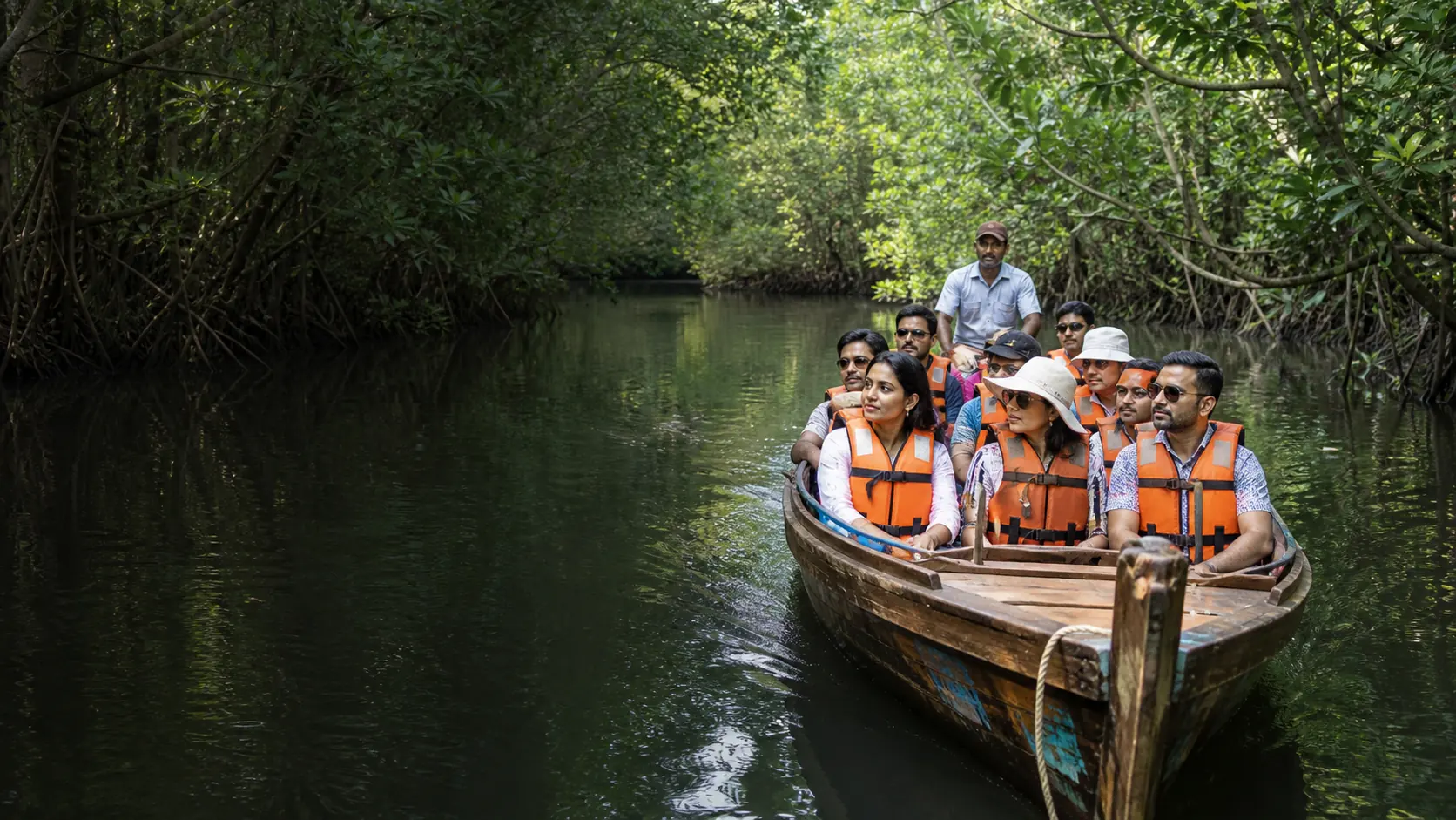 Illustration of travellers on a boat through a mangrove creek