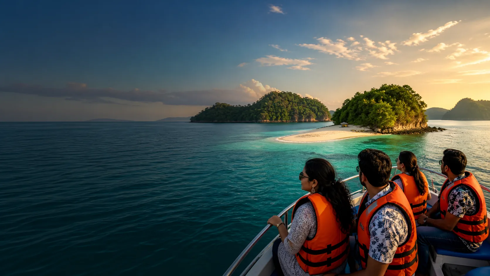 Illustration of travellers wearing lifejackets on a boat beside tropical islands