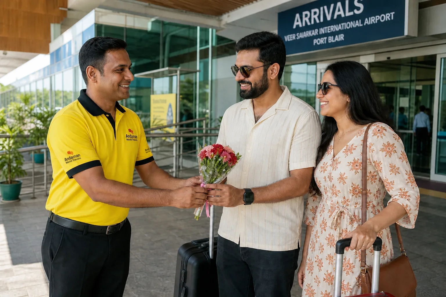 Andaman World Travels representative welcoming a honeymoon couple with a flower bouquet at Port Blair airport