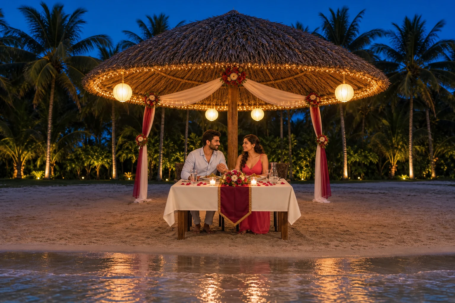 Honeymoon couple enjoying a candlelight dinner beside the sea in Andaman