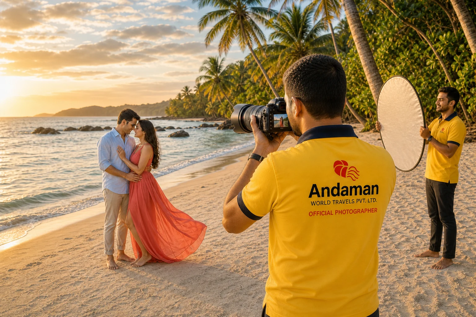 Photographer taking pictures of a posing honeymoon couple on an Andaman beach