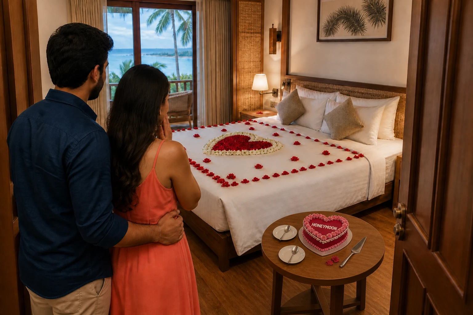 Flower-decorated resort bed with a honeymoon cake in Andaman
