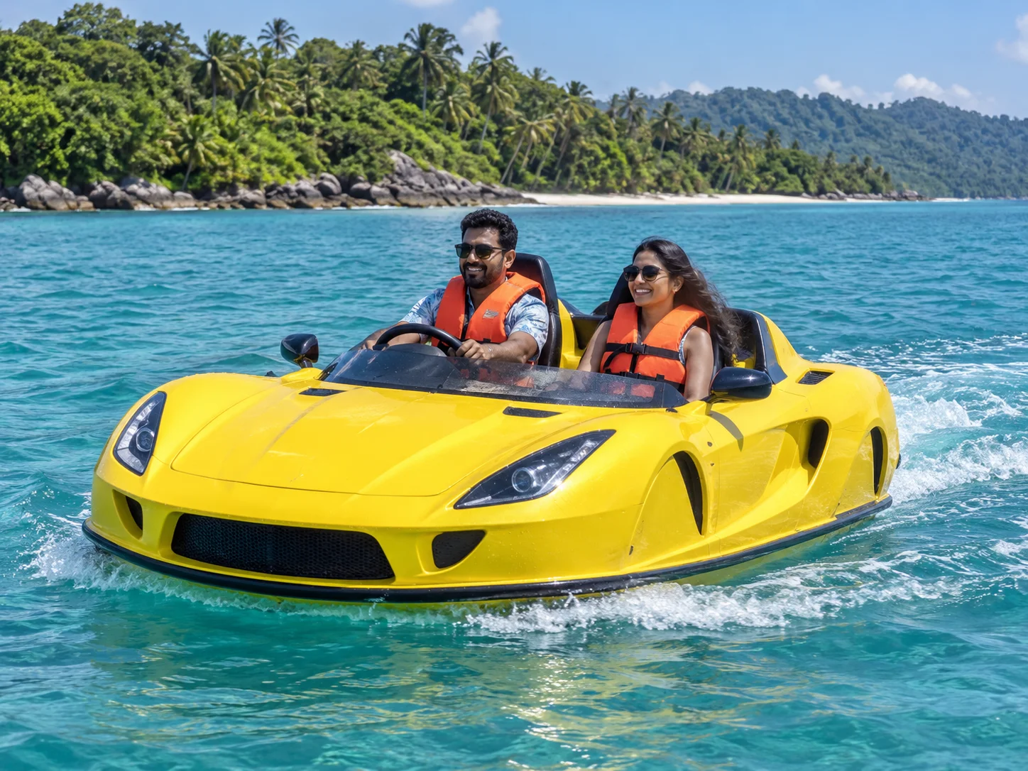 Illustrative aqua jet car ride with riders wearing lifejackets