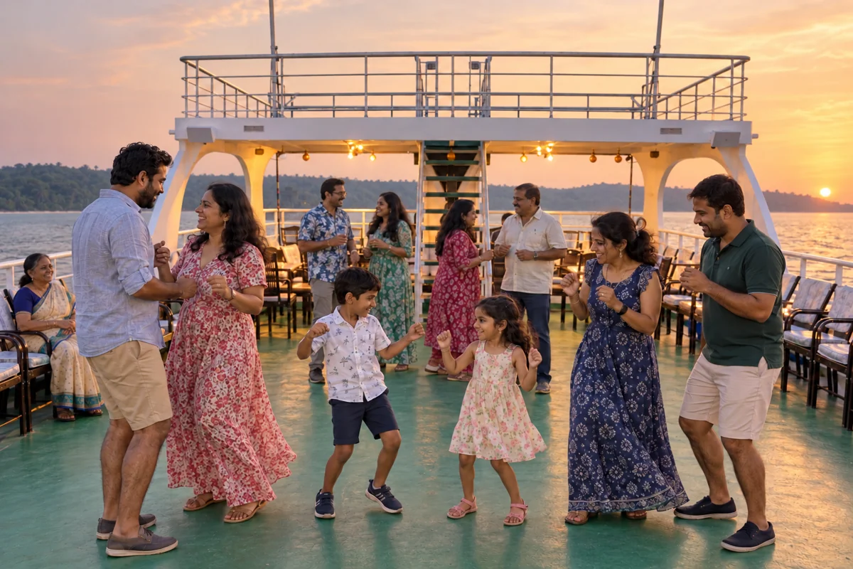 Illustrative couples and children dancing in warm sunset light